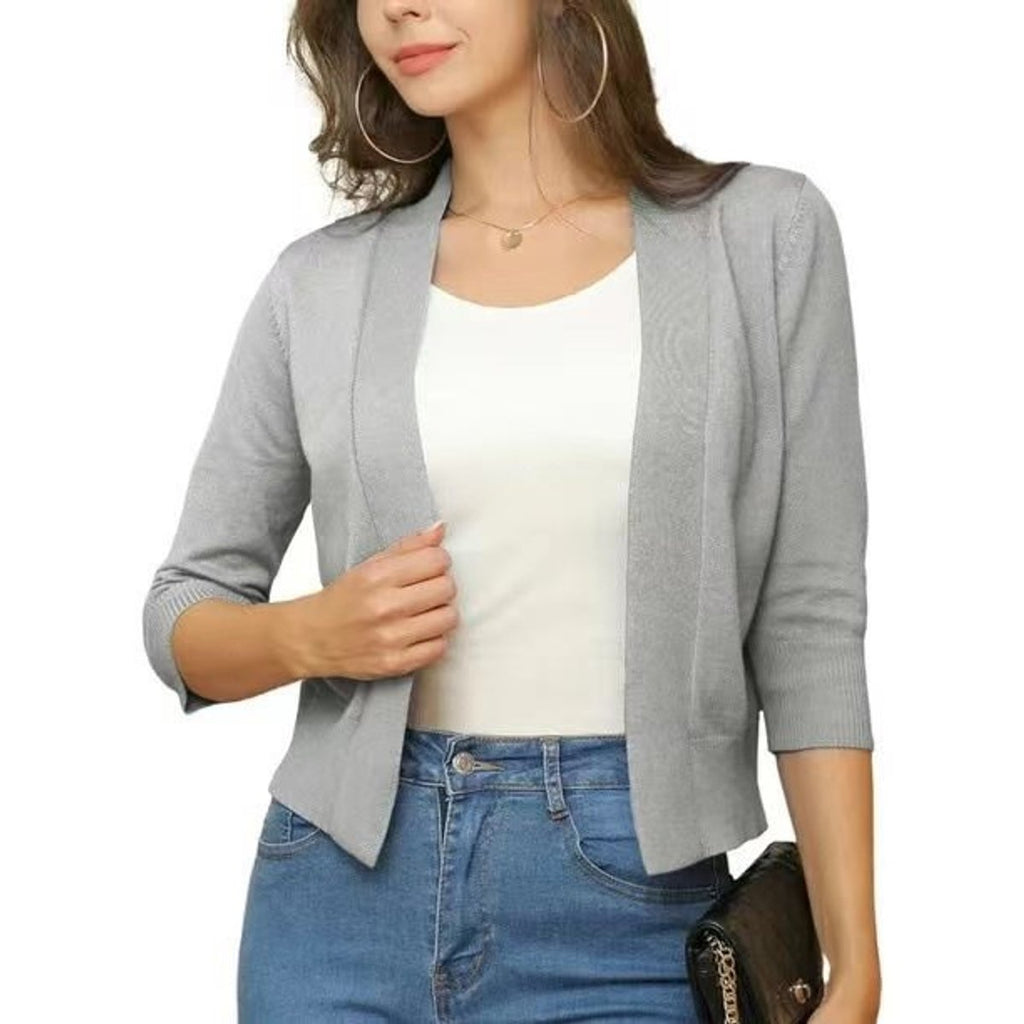 Women's Open-Front 3/4 Sleeve Cropped Cardigan - Silver Gray