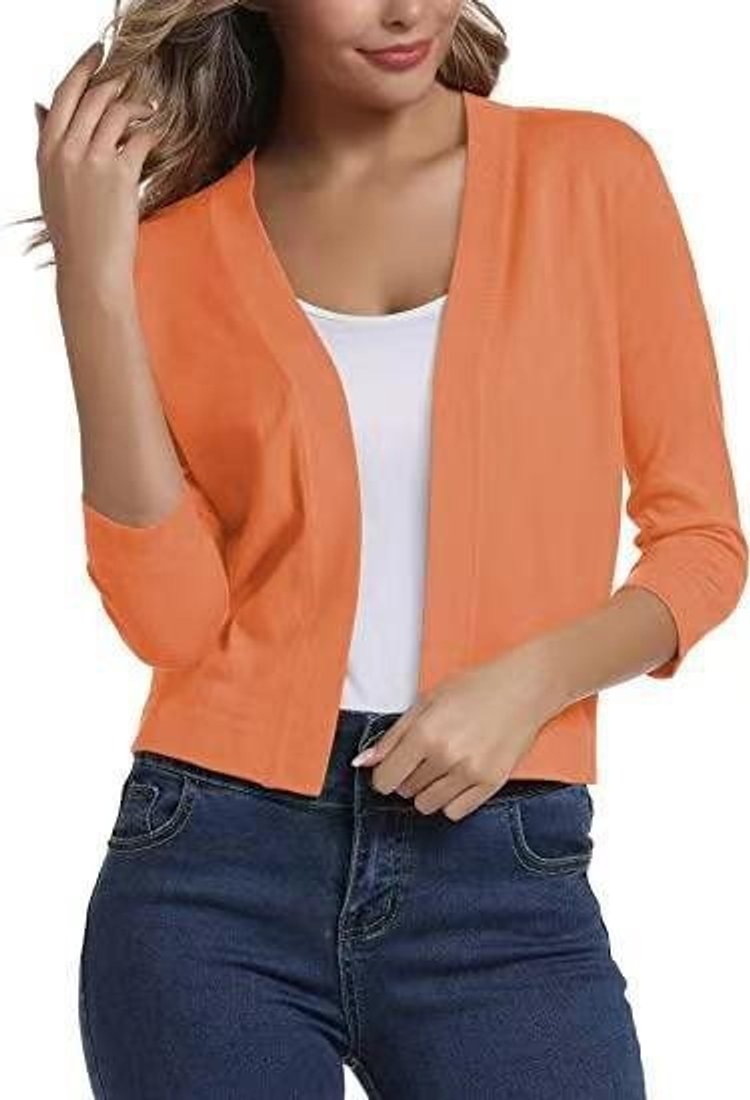 Women's Open-Front 3/4 Sleeve Cropped Cardigan - Orange