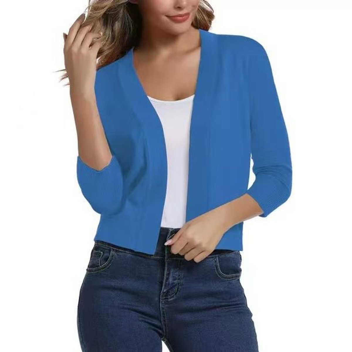 Women's Open-Front 3/4 Sleeve Cropped Cardigan - Blue