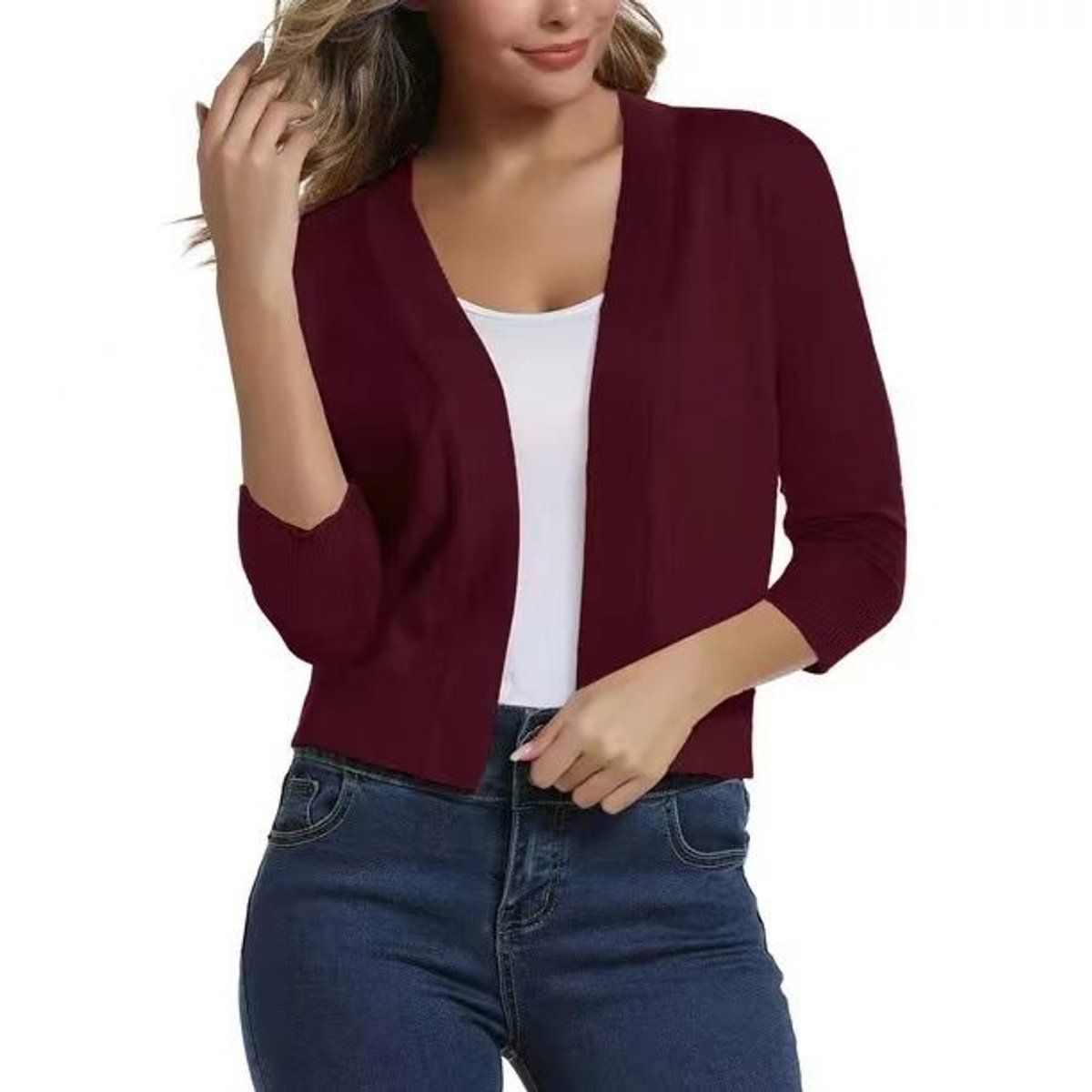 Women's Open-Front 3/4 Sleeve Cropped Cardigan - N/A