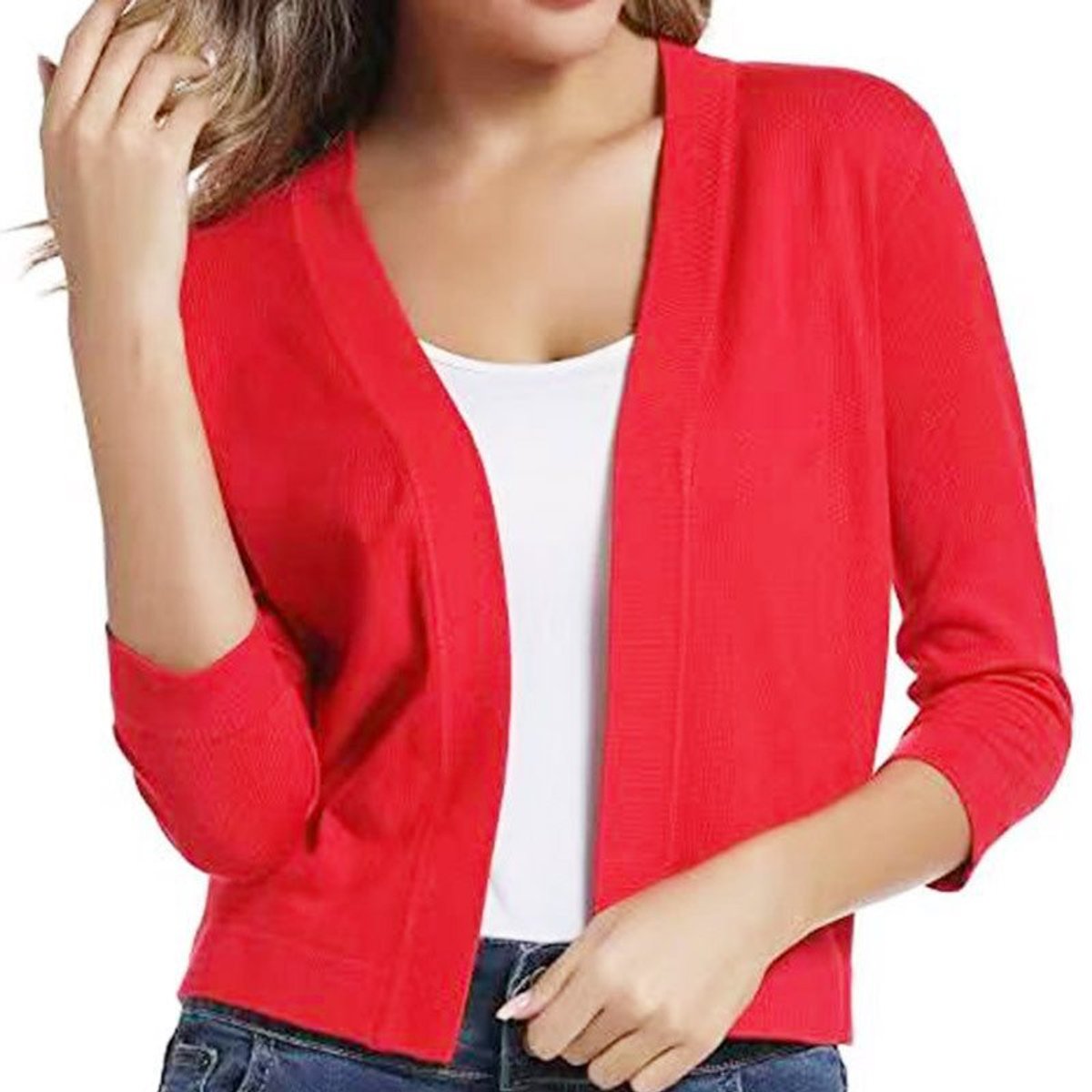 Women's Open-Front 3/4 Sleeve Cropped Cardigan