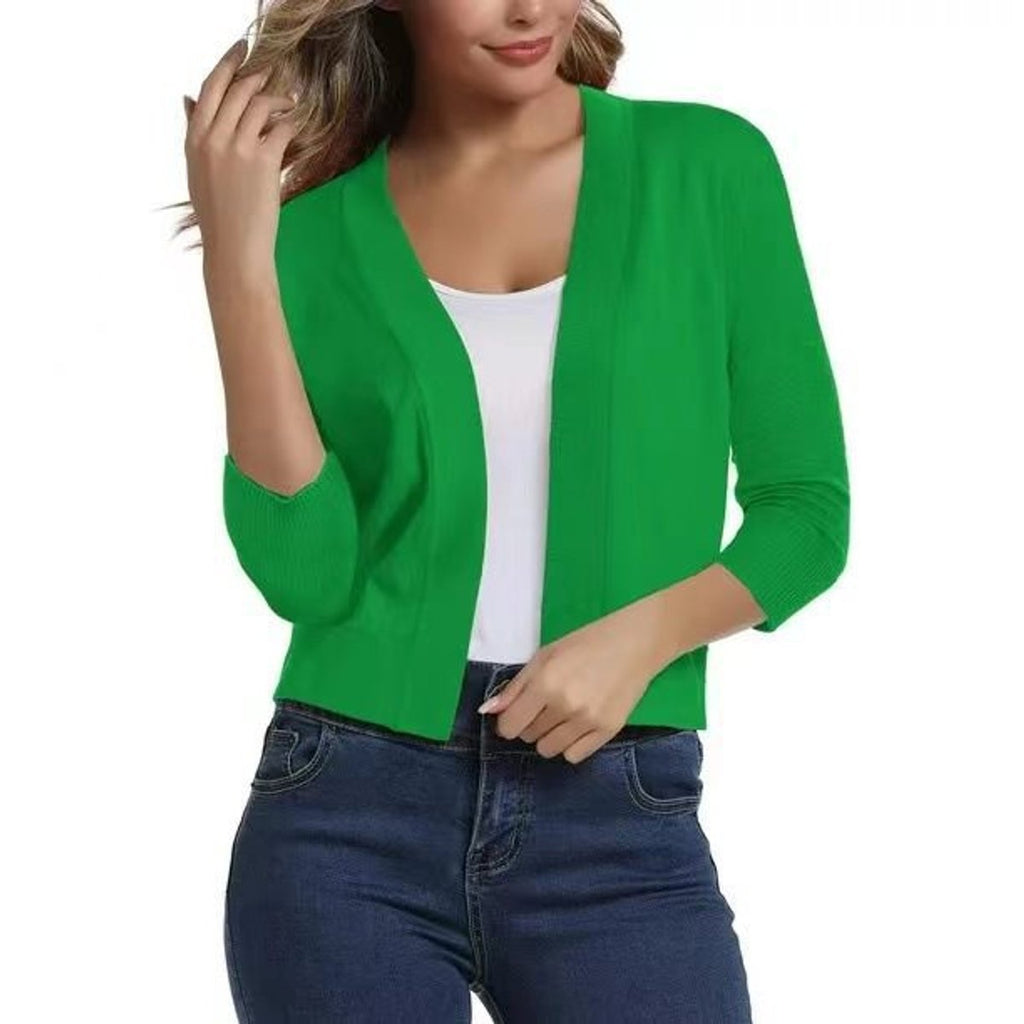 Women's Open-Front 3/4 Sleeve Cropped Cardigan - Bright Green