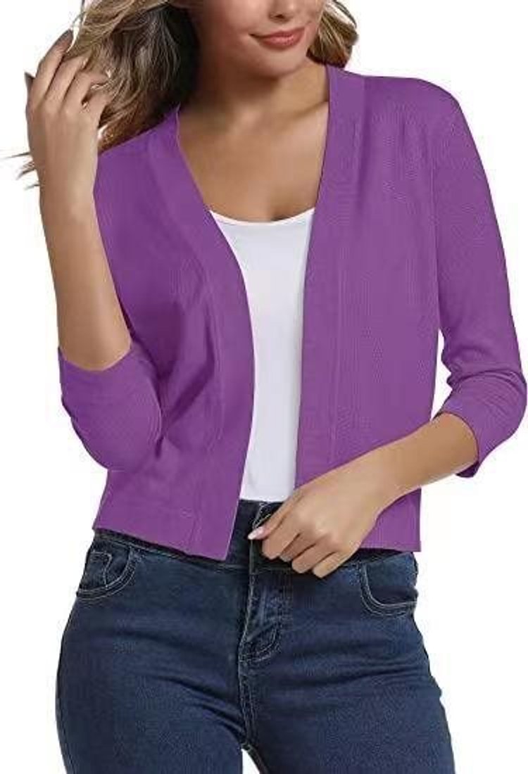 Women's Open-Front 3/4 Sleeve Cropped Cardigan - Lilac