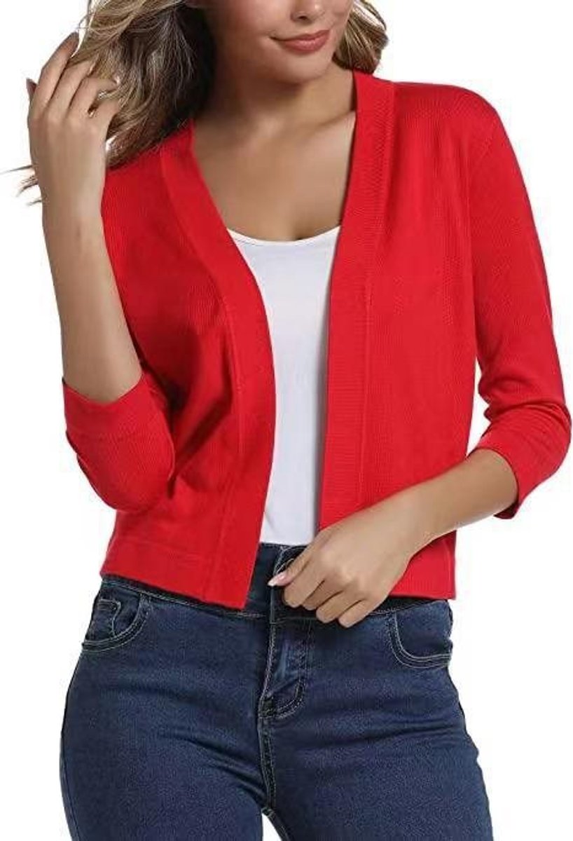 Women's Open-Front 3/4 Sleeve Cropped Cardigan - China Red