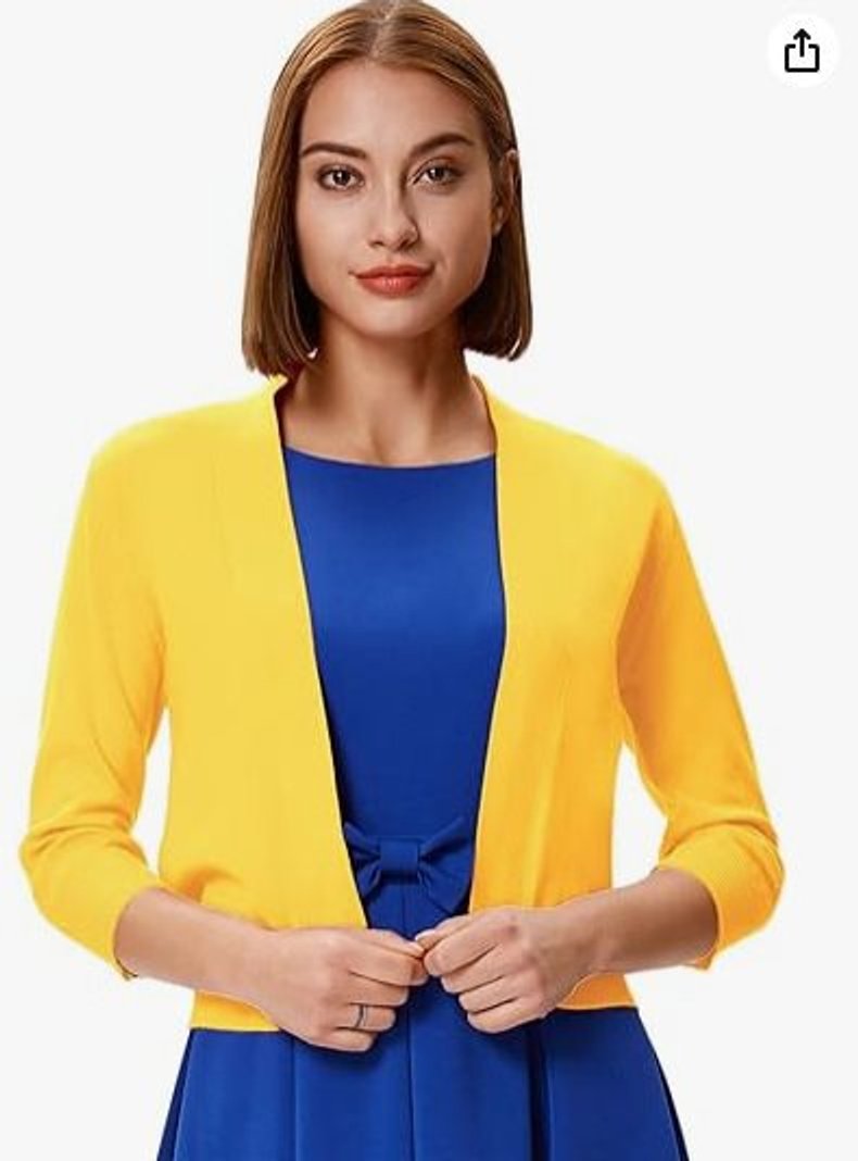 Women's Open-Front 3/4 Sleeve Cropped Cardigan - Yellow
