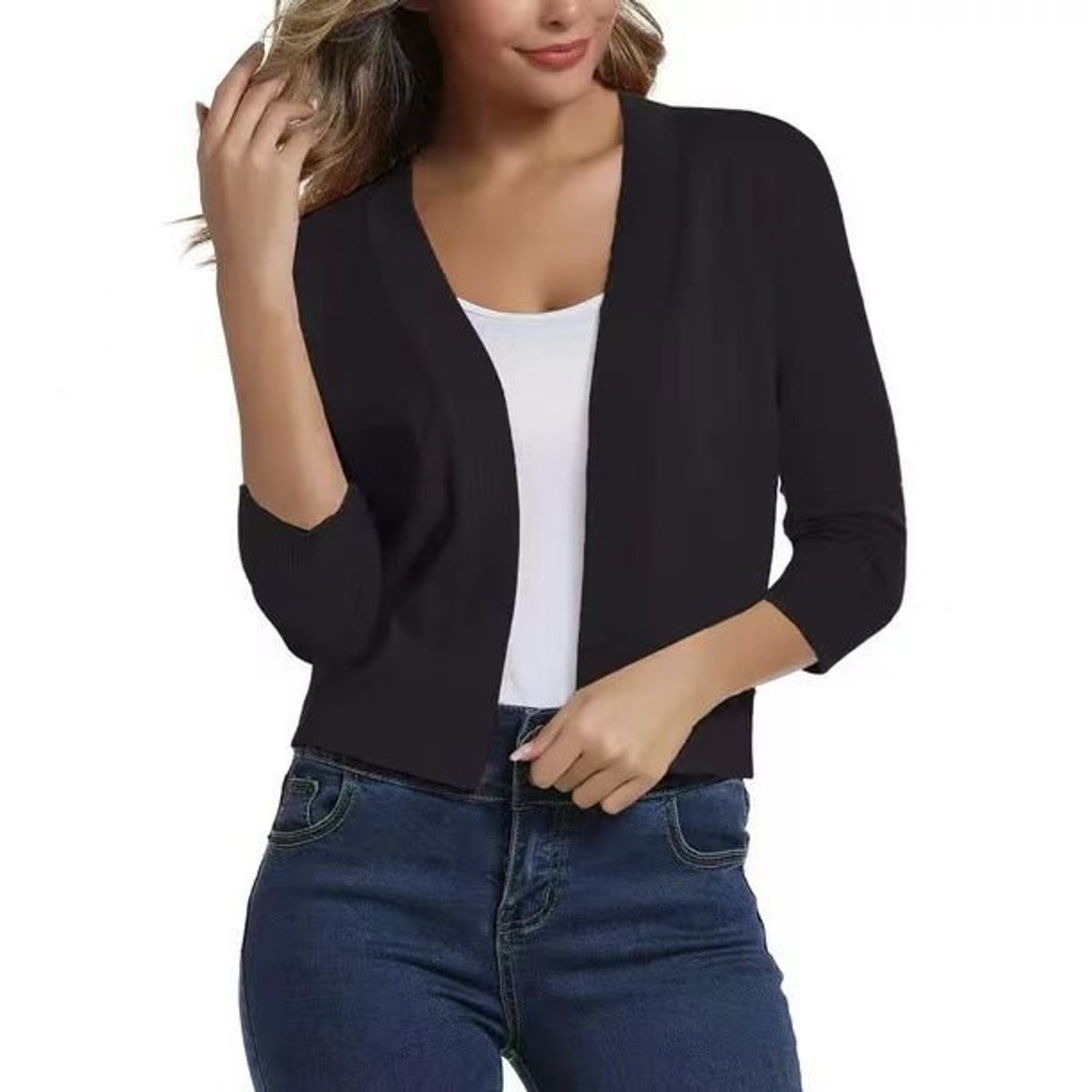 Women's Open-Front 3/4 Sleeve Cropped Cardigan