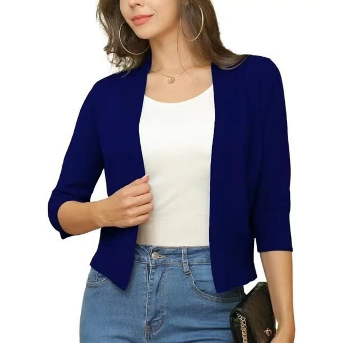Women's Open-Front 3/4 Sleeve Cropped Cardigan - Mondsee Blue
