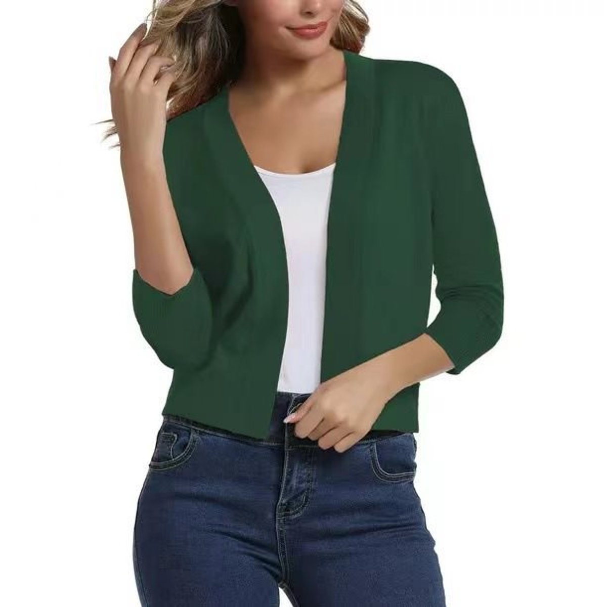 Women's Open-Front 3/4 Sleeve Cropped Cardigan - Wood Green