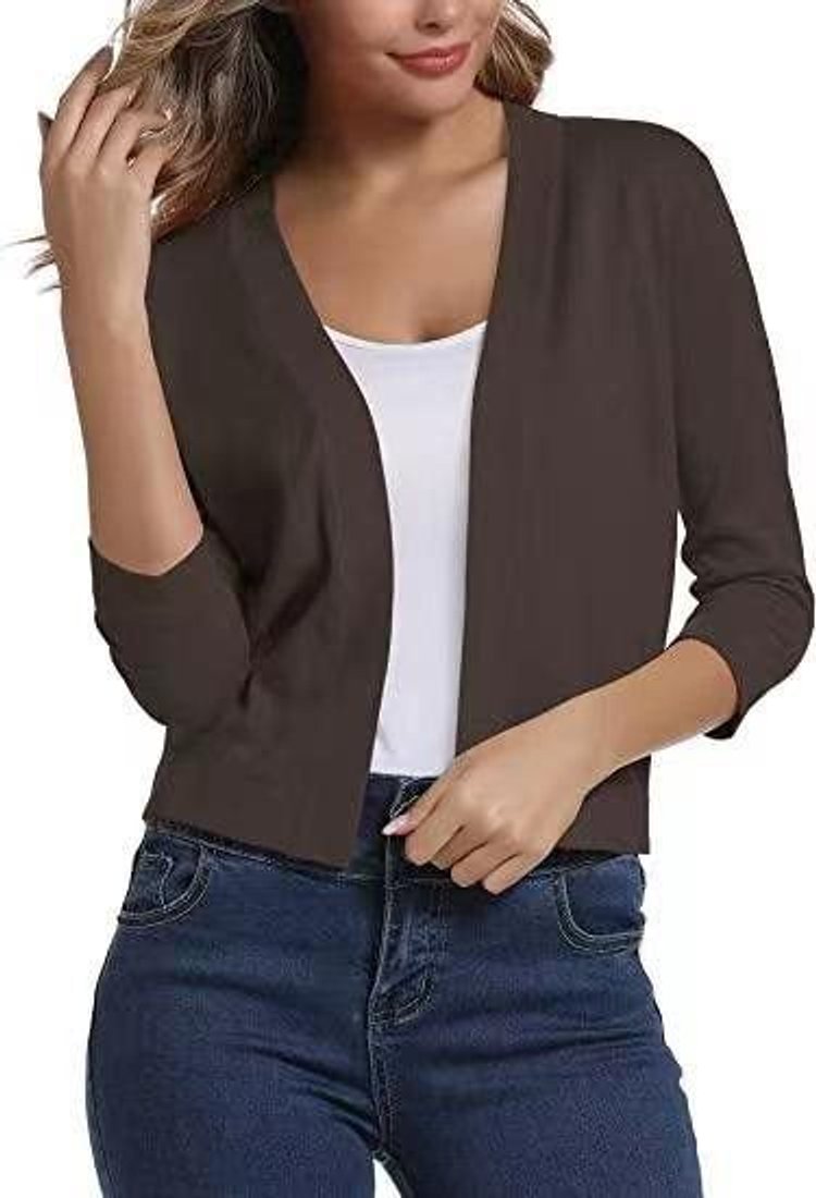 Women's Open-Front 3/4 Sleeve Cropped Cardigan - Brown