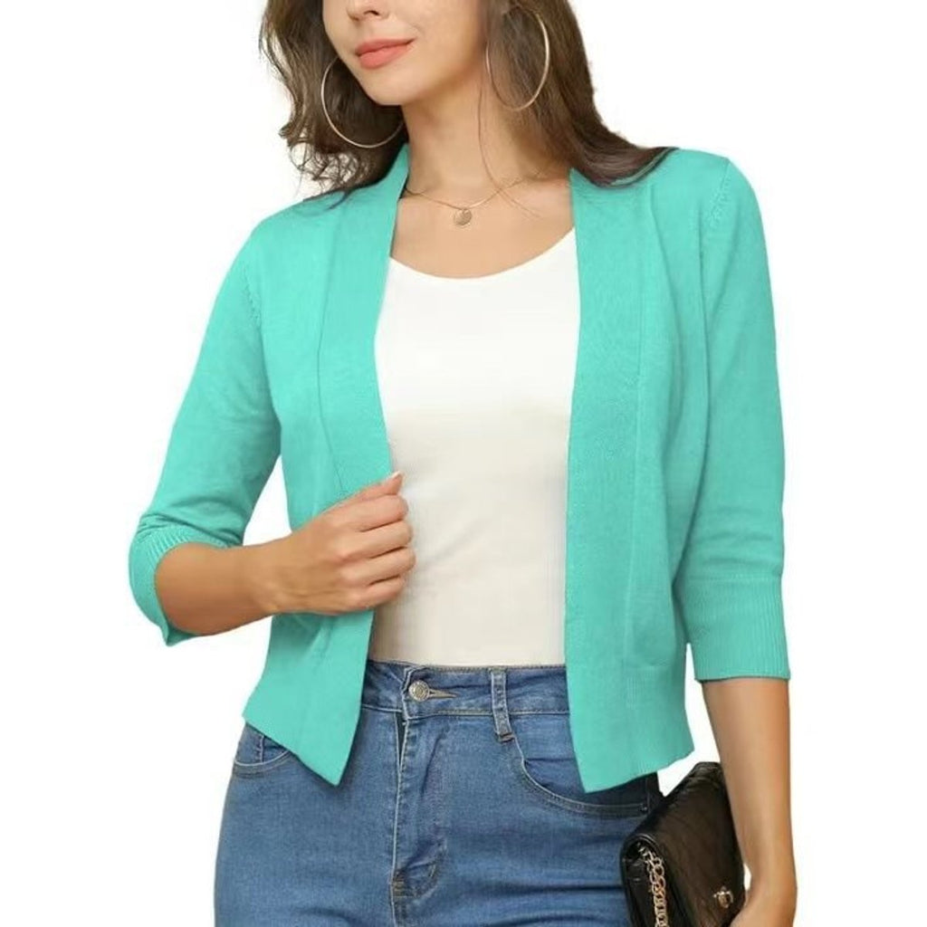 Women's Open-Front 3/4 Sleeve Cropped Cardigan - Deep Navy Blue