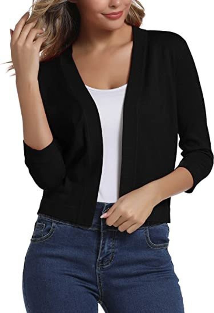 Women's Open-Front 3/4 Sleeve Cropped Cardigan - Black