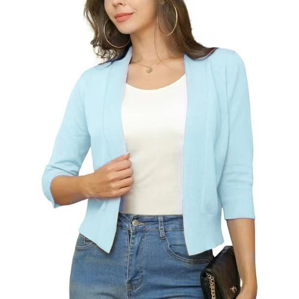 Women's Open-Front 3/4 Sleeve Cropped Cardigan - Pale Blue