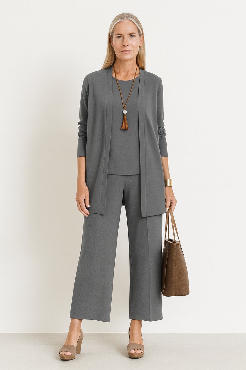 Women's Open-Front Longline Cardigan Wide-Leg Pants 3-Piece Set - Gray