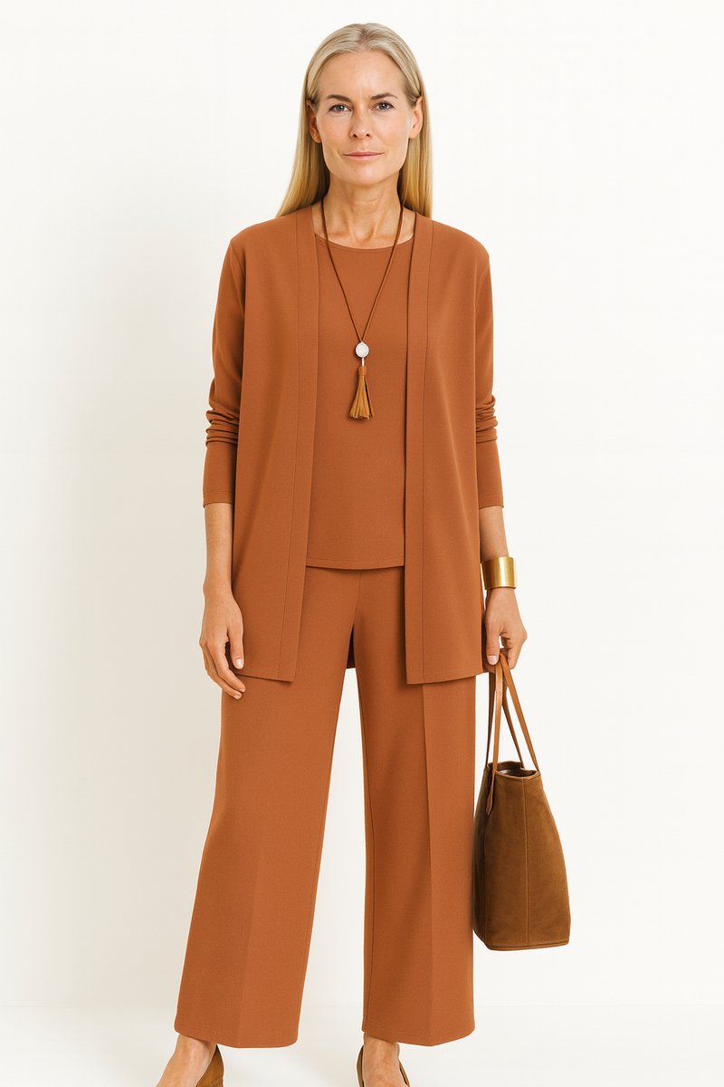 Women's Open-Front Longline Cardigan Wide-Leg Pants 3-Piece Set - Light Brown