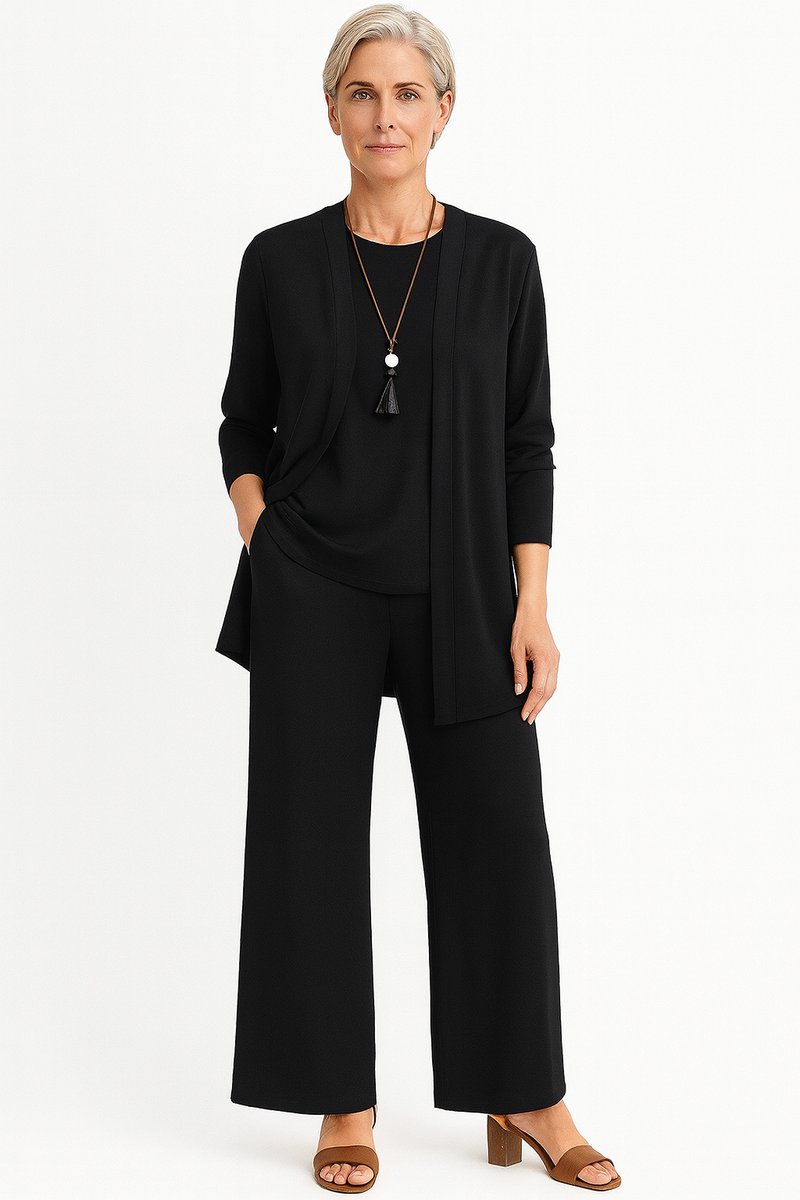Women's Open-Front Longline Cardigan Wide-Leg Pants 3-Piece Set - Black