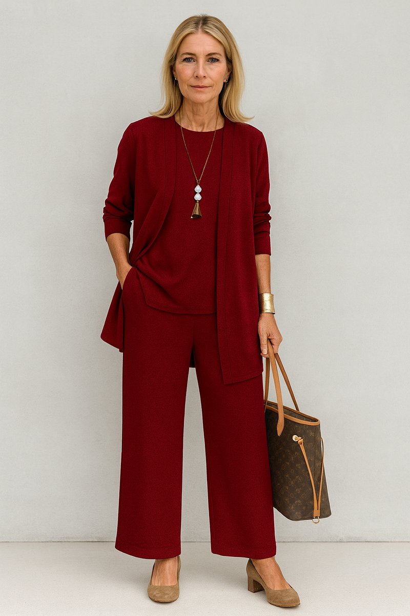 Women's Open-Front Longline Cardigan Wide-Leg Pants 3-Piece Set - Red