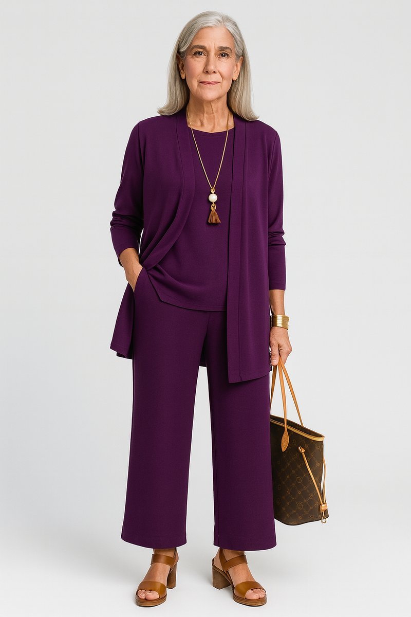 Women's Open-Front Longline Cardigan Wide-Leg Pants 3-Piece Set - Purple