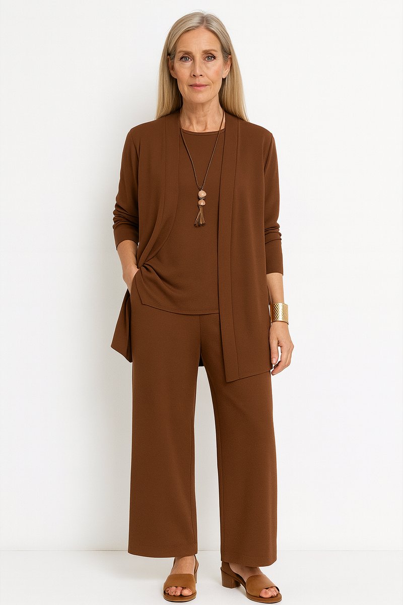 Women's Open-Front Longline Cardigan Wide-Leg Pants 3-Piece Set - Brown
