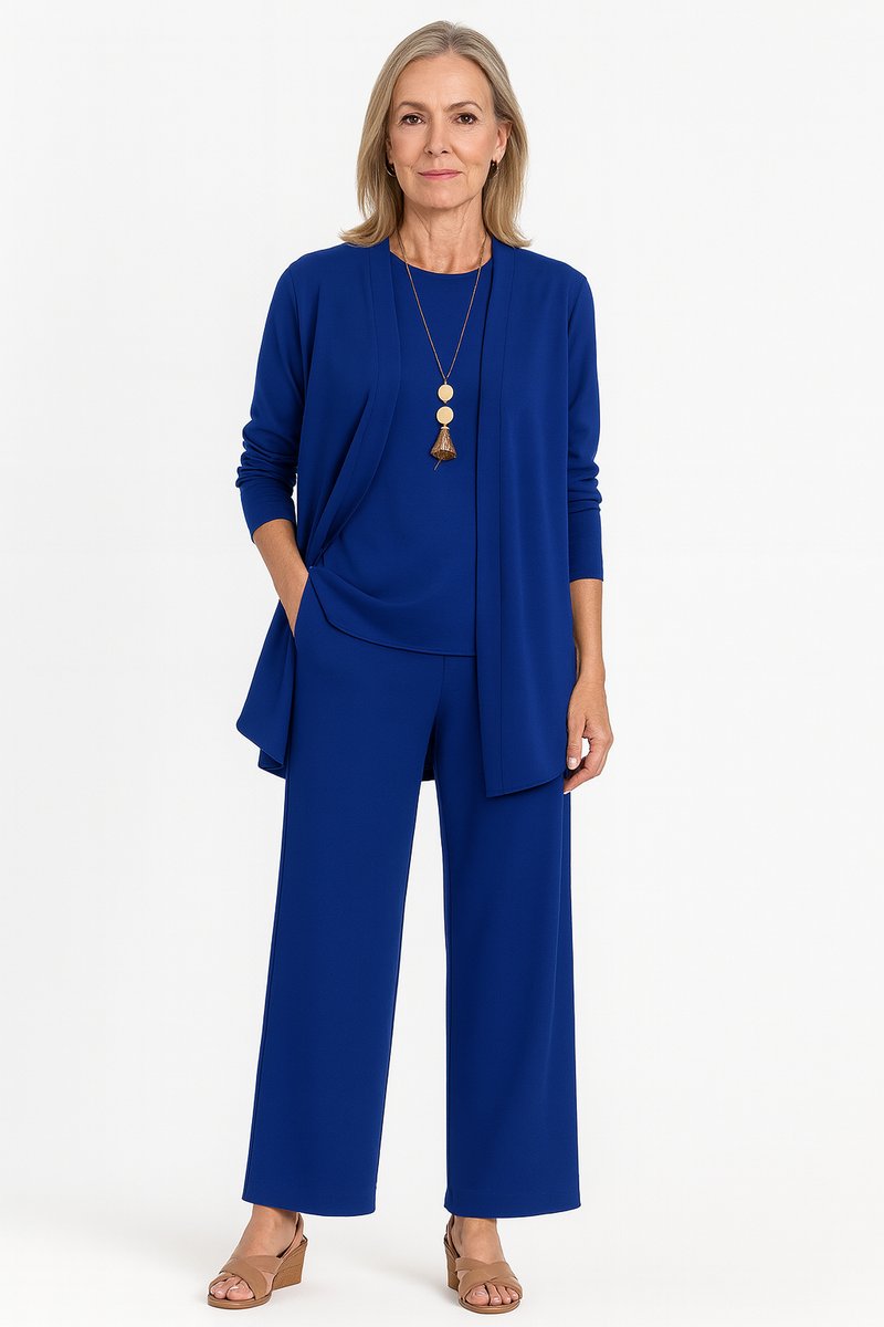 Women's Open-Front Longline Cardigan Wide-Leg Pants 3-Piece Set - Blue