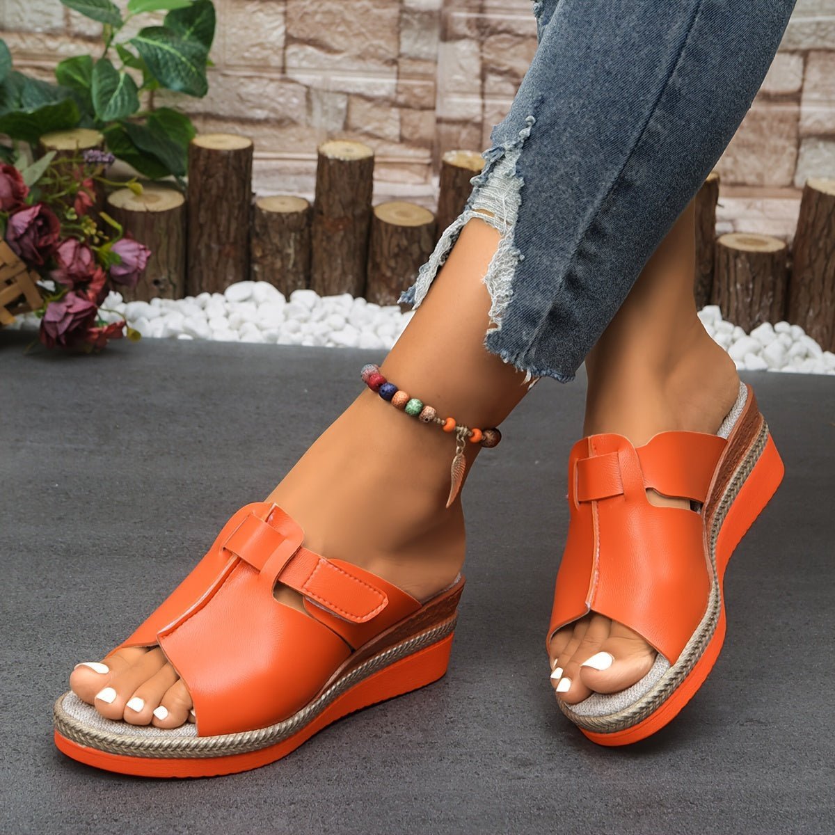 Women's Open-Toe Velcro Wedge Comfortable Sandals - Orange