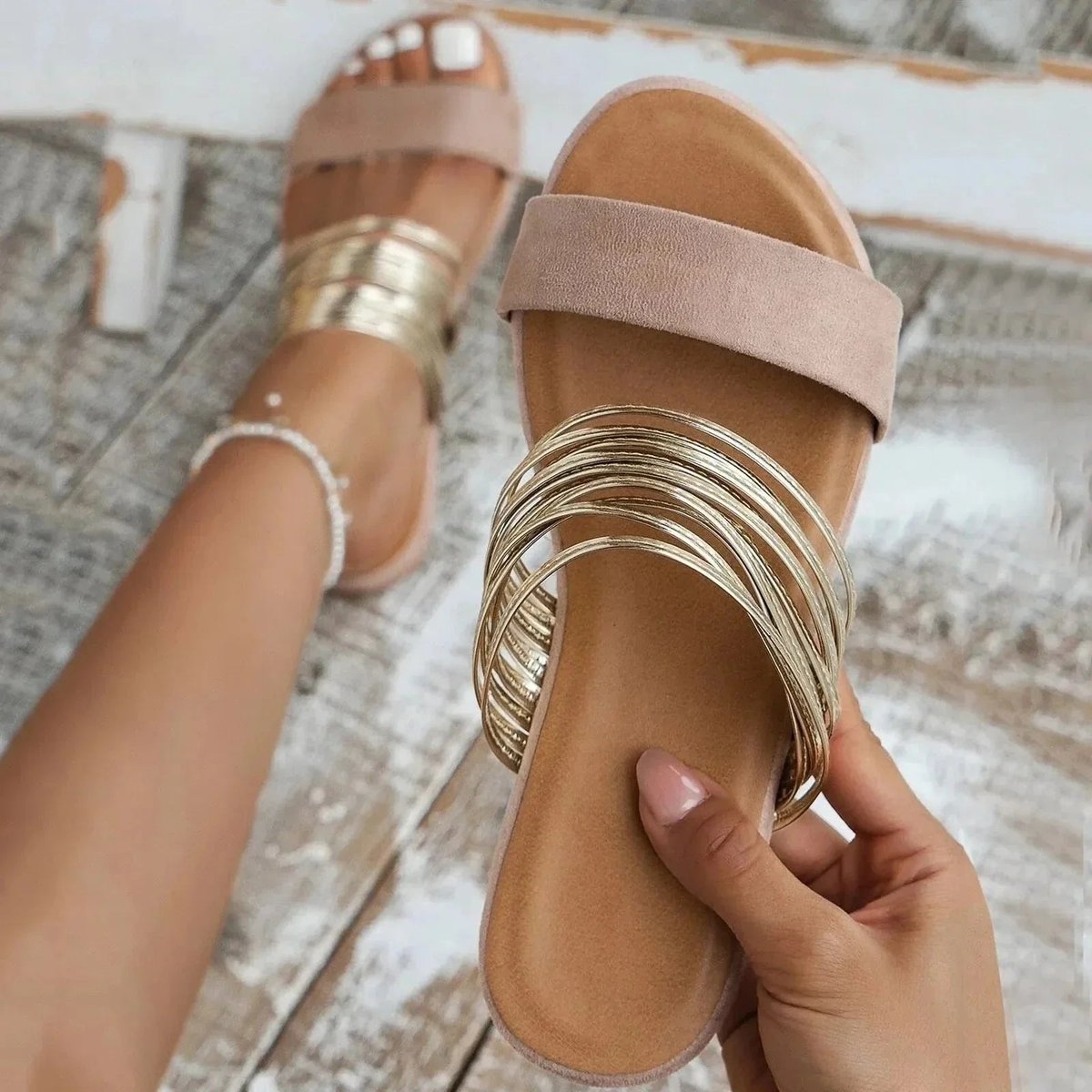 Women's Orthopedic Cushioned Slip-On Comfortable Sandals Gold Metallic Strap - Khaki