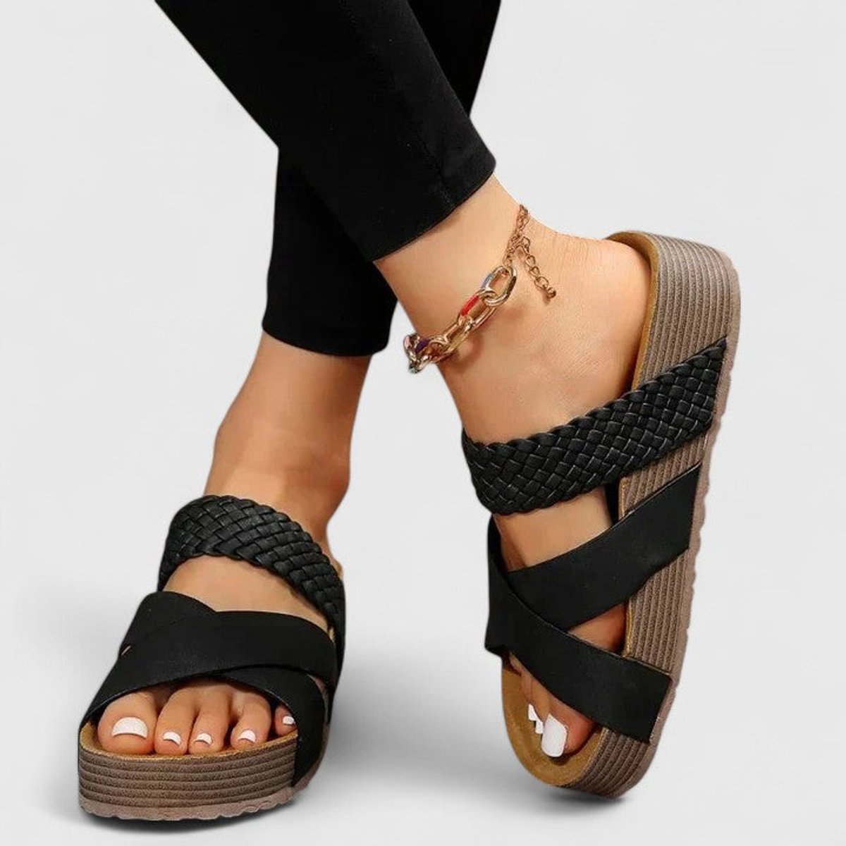 Women's Orthopedic Platform Comfortable Sandals Braided Crossover Strap - Black