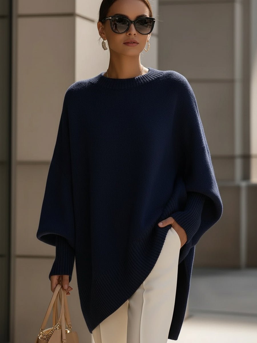 Women's Oversized Batwing-Sleeve Knit Sweater - Navy Blue