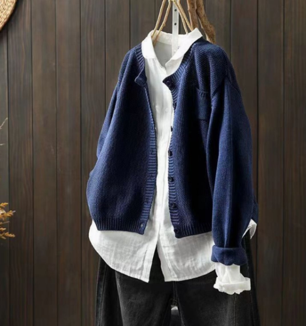 Women's Oversized Button-Front Knit Cardigan Sweater - Dark Blue