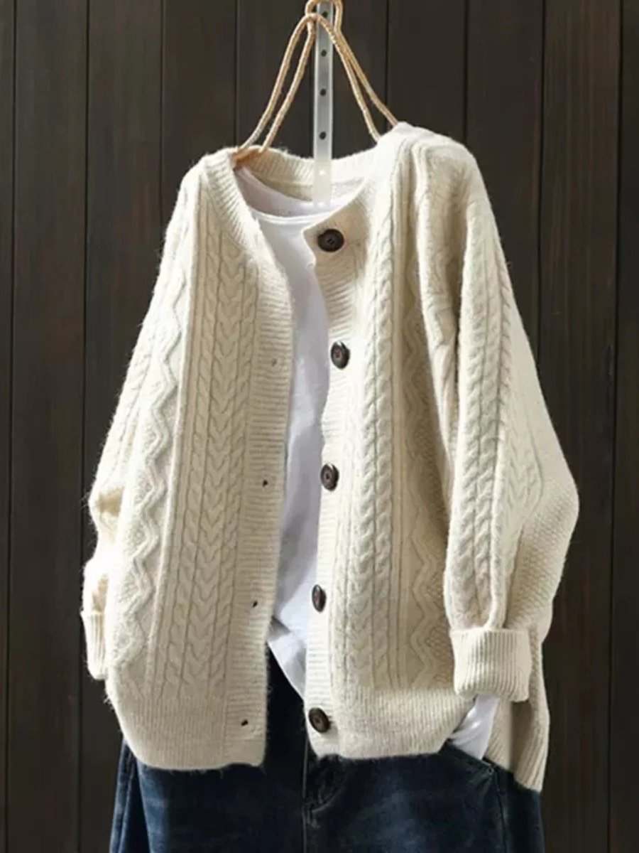 Women's Oversized Cable-Knit Button-Front Cardigan Sweater - Beige