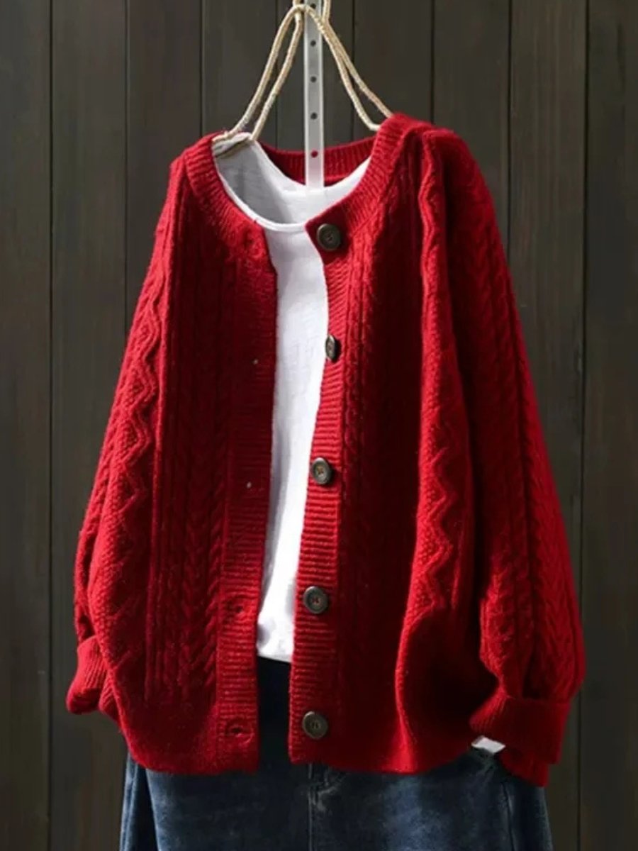 Women's Oversized Cable-Knit Button-Front Cardigan Sweater - Red