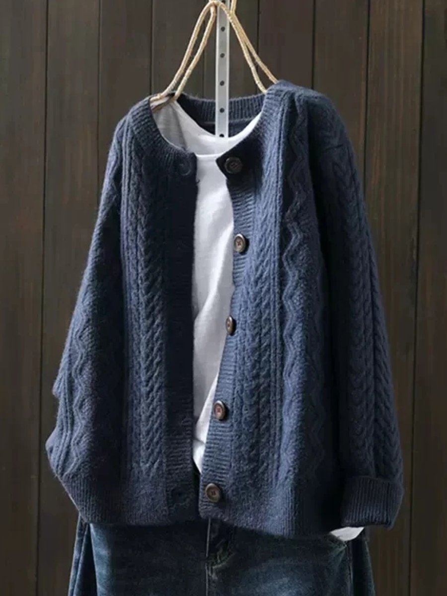Women's Oversized Cable-Knit Button-Front Cardigan Sweater - Navy Blue