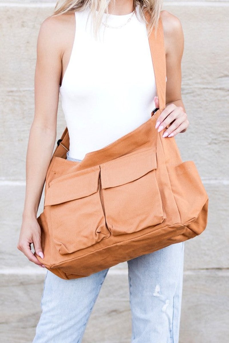 Women's Oversized Canvas Tote Bag Messenger Shoulder Bag - Camel