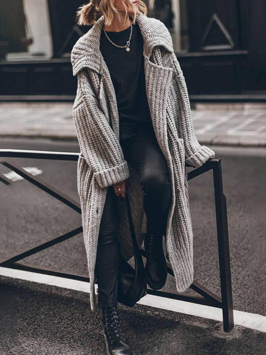 Women's Oversized Chunky Knit Lapel Longline Cardigan - Gray