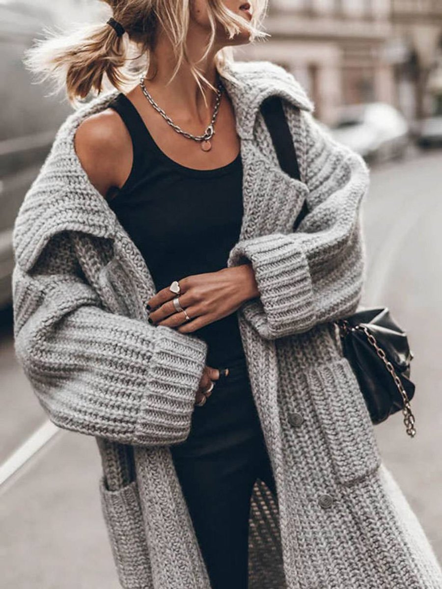 Women's Oversized Chunky Knit Lapel Longline Cardigan