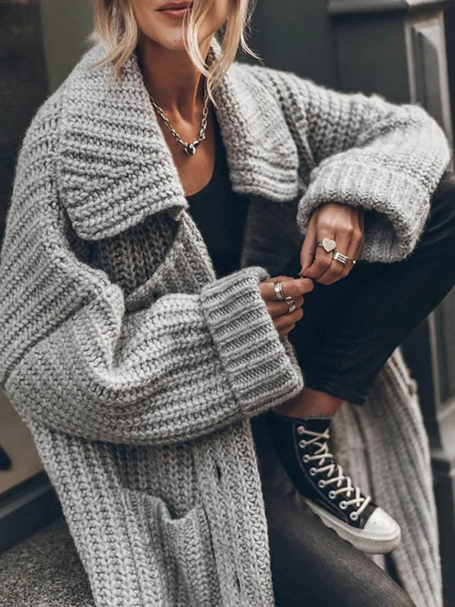 Women's Oversized Chunky Knit Lapel Longline Cardigan