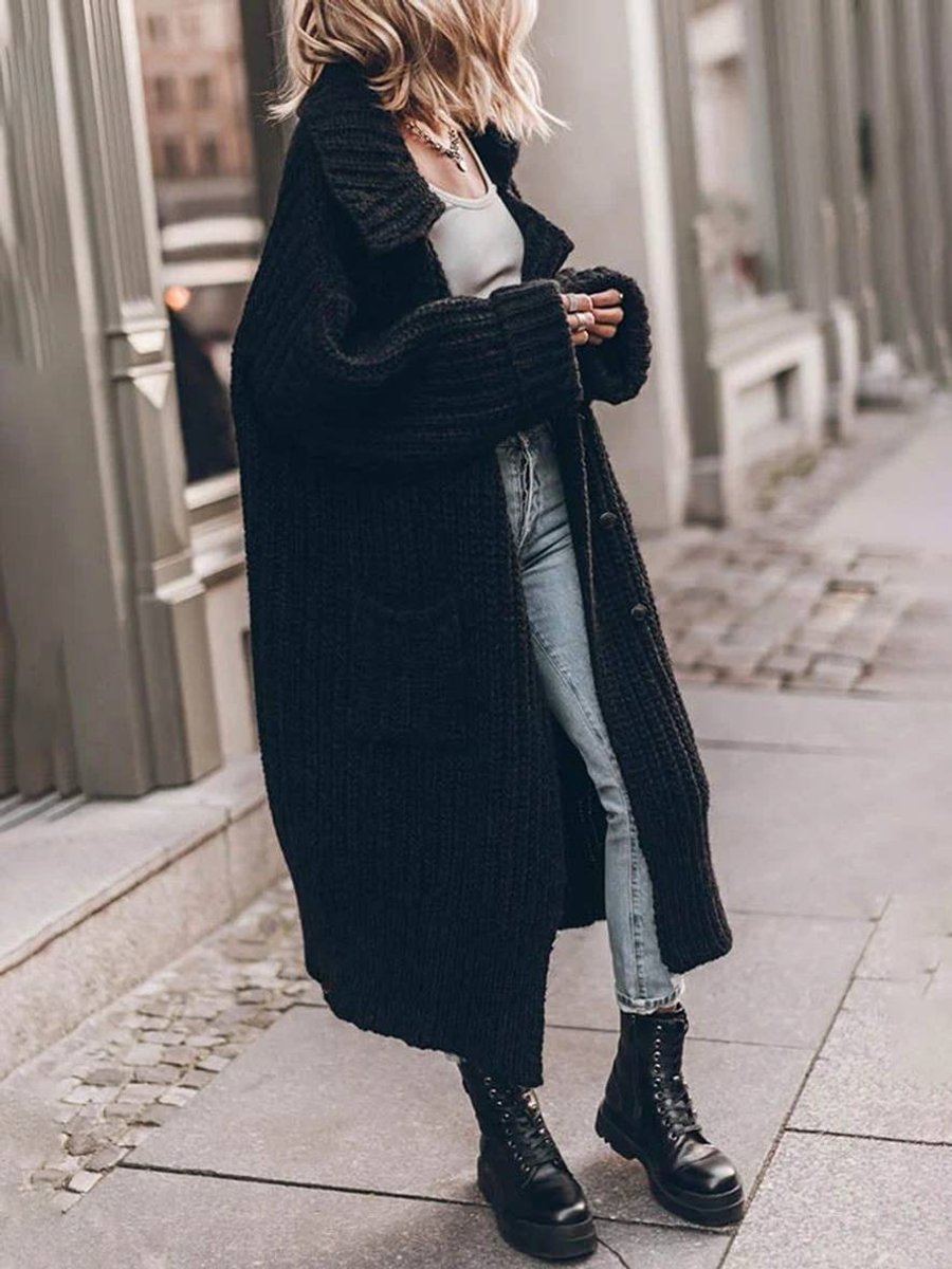 Women's Oversized Chunky Knit Lapel Longline Cardigan - Black