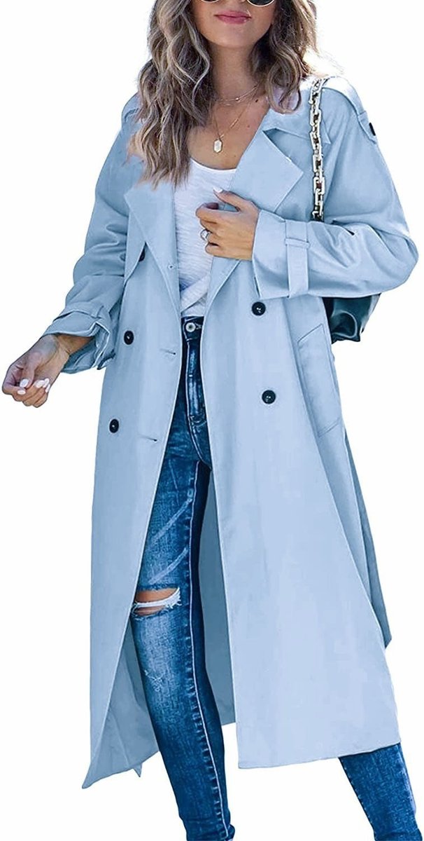 Women's Oversized Double-Breasted Belted Trench Coat - Sky Blue