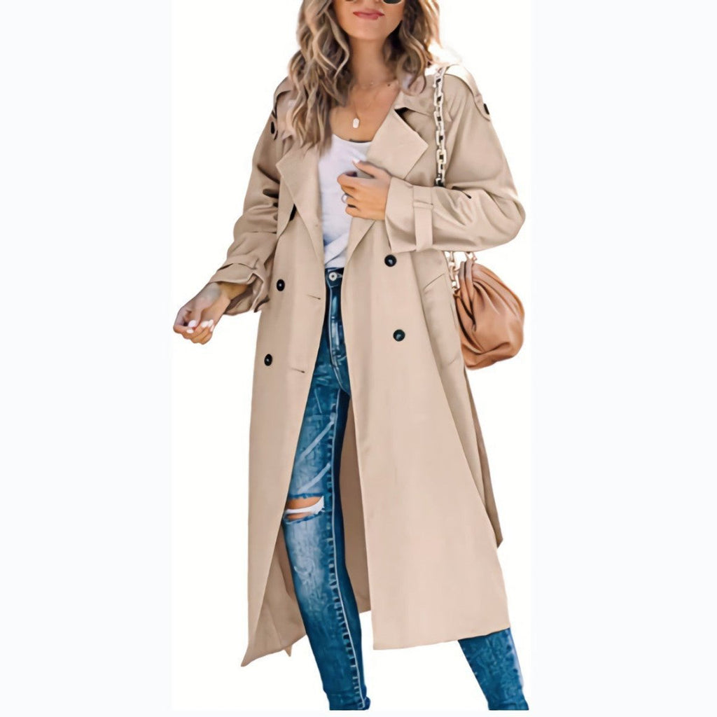 Women's Oversized Double-Breasted Belted Trench Coat - Khaki