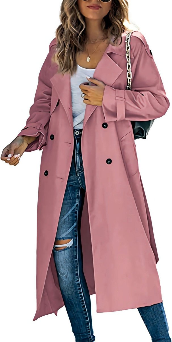 Women's Oversized Double-Breasted Belted Trench Coat - Pink