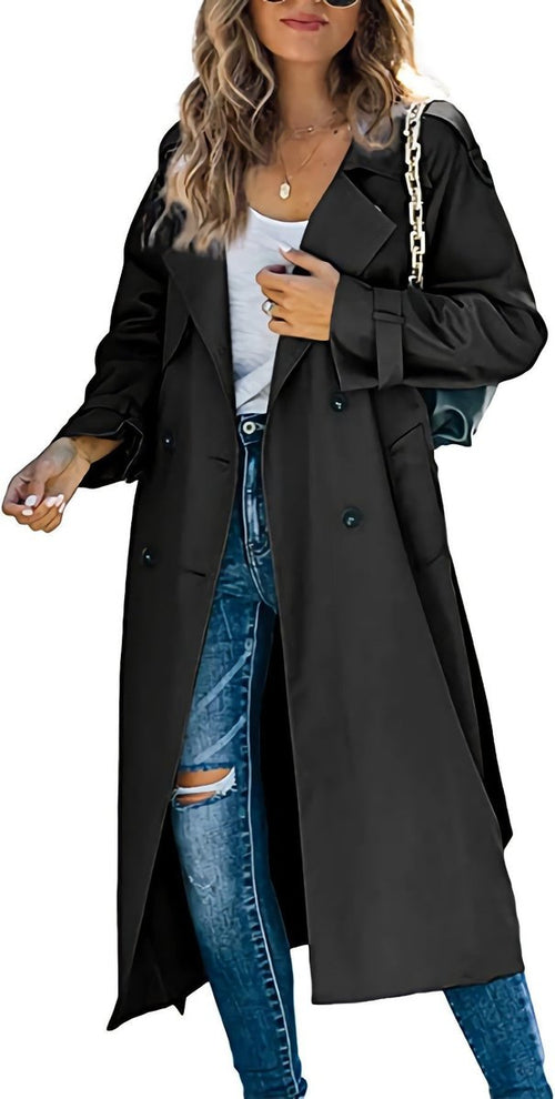 Women's Oversized Double-Breasted Belted Trench Coat - Black