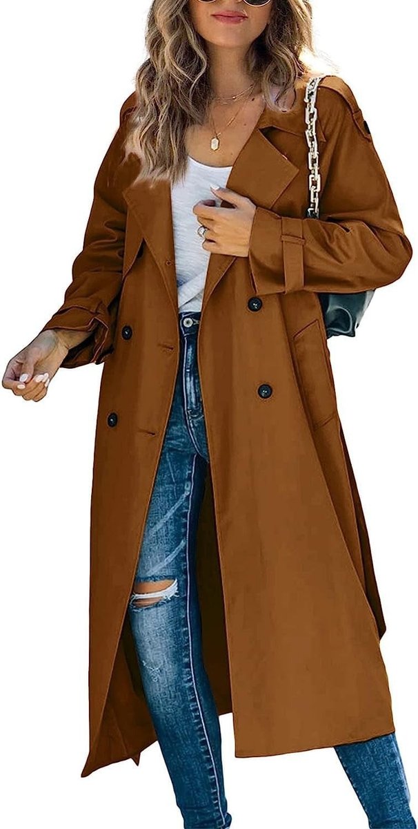 Women's Oversized Double-Breasted Belted Trench Coat - Brown
