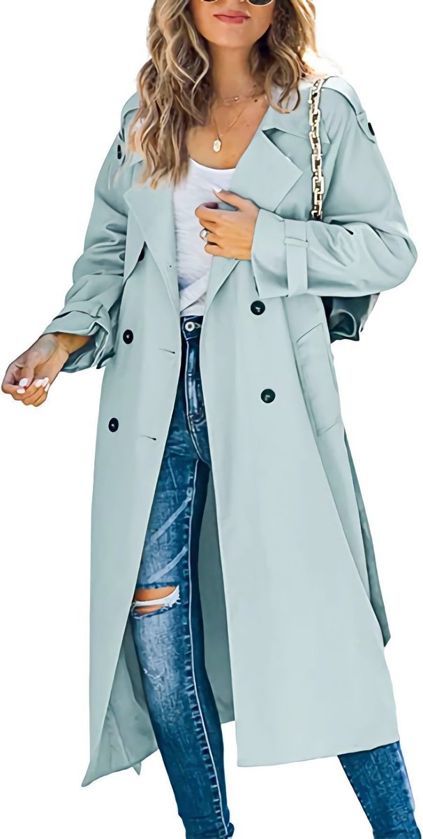 Women's Oversized Double-Breasted Belted Trench Coat - Light Green