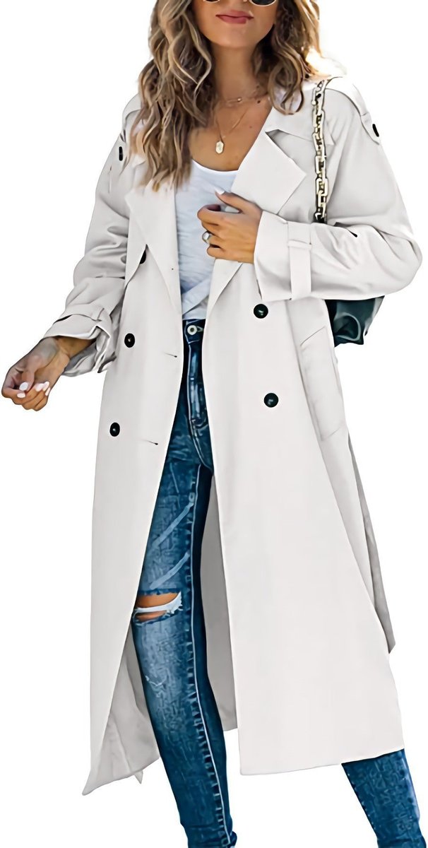 Women's Oversized Double-Breasted Belted Trench Coat - White