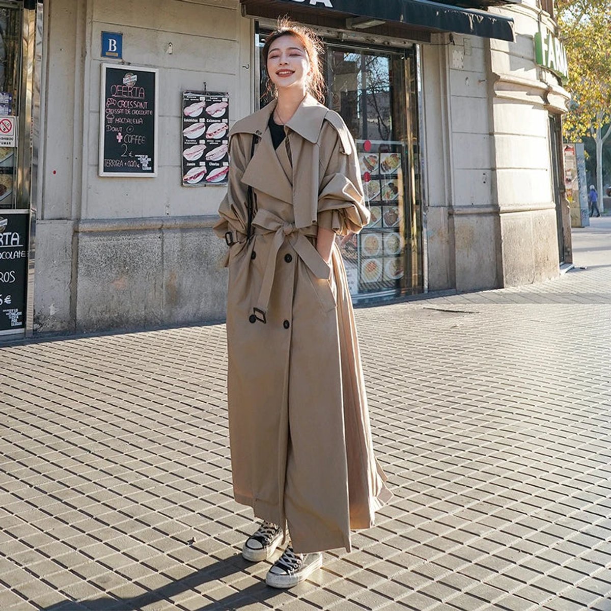 Women's Oversized Double-Breasted Long Trench Coat
