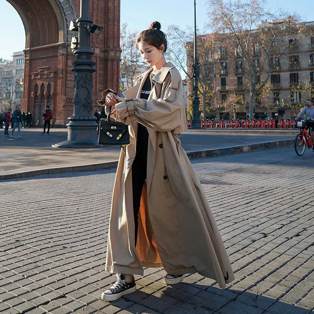 Women's Oversized Double-Breasted Long Trench Coat