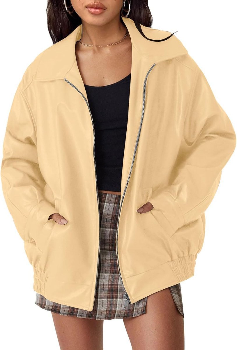 Women's Oversized Faux Leather Bomber Jacket Zip-Up - Apricot