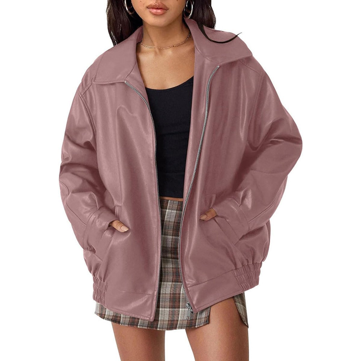 Women's Oversized Faux Leather Bomber Jacket Zip-Up