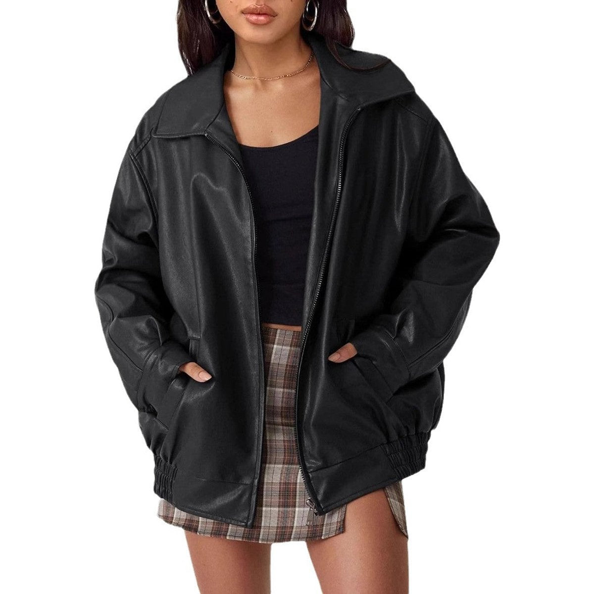 Women's Oversized Faux Leather Bomber Jacket Zip-Up