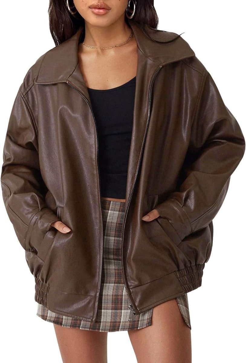 Women's Oversized Faux Leather Bomber Jacket Zip-Up - Dark Brown