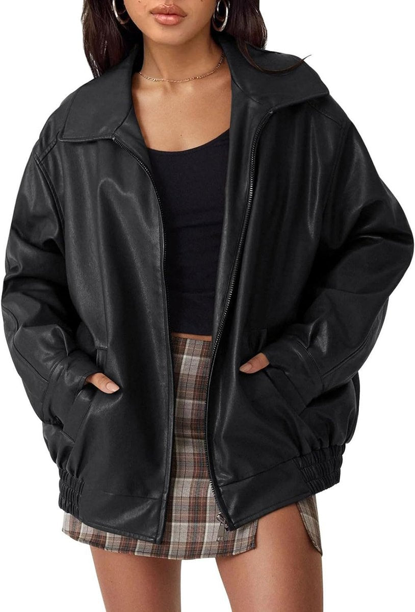 Women's Oversized Faux Leather Bomber Jacket Zip-Up - Black